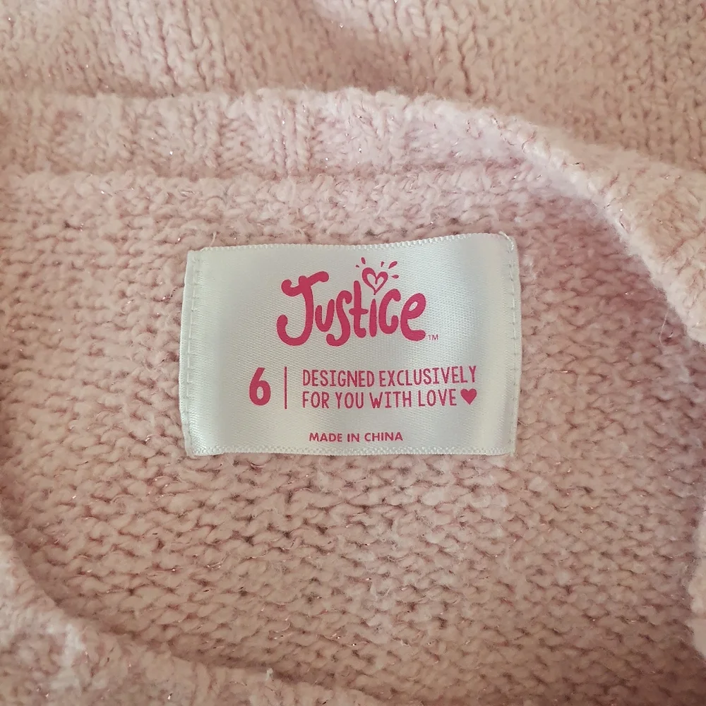 Justice Girl's Besties Dog & Cat Knit Pink Pullover Sweater Sz 6.